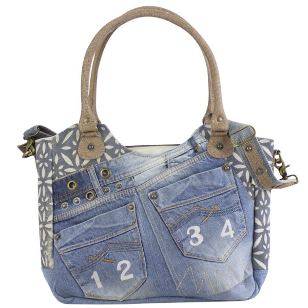 Sunsa Handtasche aus Upcycling Jeans & Canvas. große Schultertasche/ Shopper