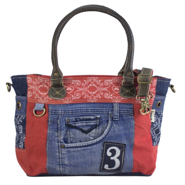 Sunsa große Handtasche aus Jeansstoff & rote Canvas. Schultertasche.