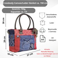 Sunsa große Handtasche aus Jeansstoff & rote Canvas. Schultertasche.