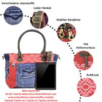 Sunsa große Handtasche aus Jeansstoff & rote Canvas. Schultertasche.