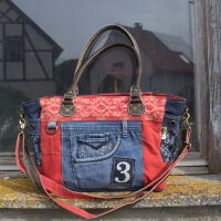 Sunsa große Handtasche aus Upcycling Jeans & rote Canvas. Schultertasche.
