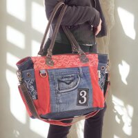 Sunsa große Handtasche aus Upcycling Jeans & rote Canvas. Schultertasche.