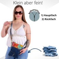 Sunsa kleine Damen Umhängetasche aus Jeansstoff & Sari. Tasche