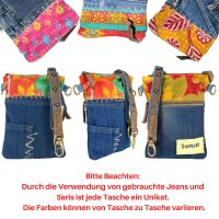 Sunsa kleine Damen Umhängetasche aus recycelter Jeans & Sari. Nachhaltige Tasche