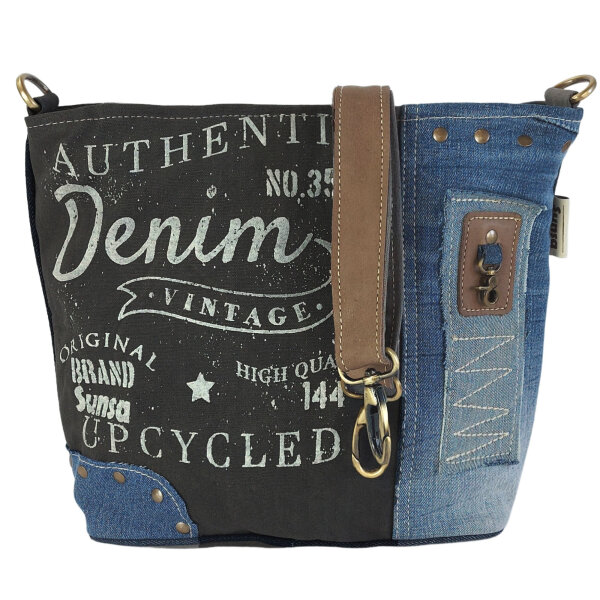 Sunsa Umhängetasche aus recycelter Jeans & Canvas. Nachhaltige Crossbody mit Vintage Motiv