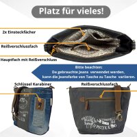 Sunsa Umhängetasche aus recycelter Jeans & Canvas. Nachhaltige Crossbody mit Vintage Motiv