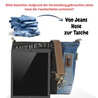 Sunsa Umhängetasche aus recycelter Jeans & Canvas. Nachhaltige Crossbody mit Vintage Motiv