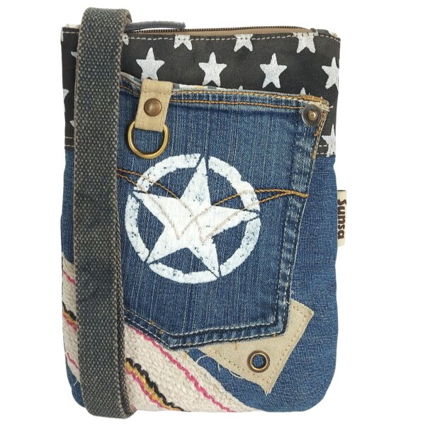 Sunsa Damen Handy Tasche, kleine vegane Umhängetasche aus Upcycling Jeans & Canvas. Vegan Cross Over bag in Vintage Stil