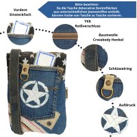 Sunsa Damen Handy Tasche, kleine vegane Umhängetasche aus Jeansstoff & Canvas. Vegan Cross Over bag in Vintage Stil