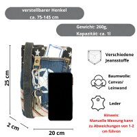 Sunsa Damen Handy Tasche, kleine vegane Umhängetasche aus Jeansstoff & Canvas. Vegan Cross Over bag in Vintage Stil