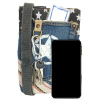 Sunsa Damen Handy Tasche, kleine vegane Umhängetasche aus recycelte Jeans & Canvas. Vegan Cross Over bag in Vintage Stil
