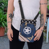 Sunsa Damen Handy Tasche, kleine vegane Umhängetasche aus recycelte Jeans & Canvas. Vegan Cross Over bag in Vintage Stil