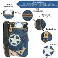 Sunsa Damen Handy Tasche, kleine vegane Umhängetasche aus Upcycling Jeans & Canvas. Vegan Cross Over bag in Vintage Stil