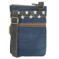 Sunsa Damen Handy Tasche, kleine vegane Umhängetasche aus Upcycling Jeans & Canvas. Vegan Cross Over bag in Vintage Stil