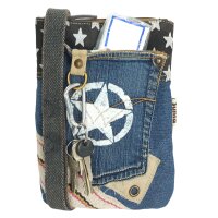 Sunsa Damen Handy Tasche, kleine vegane Umhängetasche aus Upcycling Jeans & Canvas. Vegan Cross Over bag in Vintage Stil