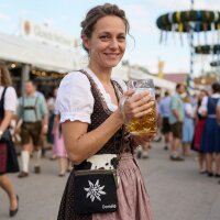 Domelo kleine Umhängetasche. Beidseitig tragbare Canvas Trachtentasche mit Herz & Edelweiss-Motiv