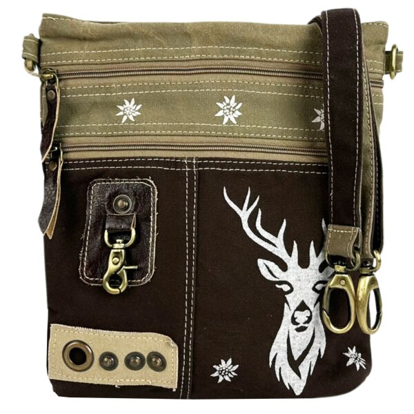 Domelo Umhängetasche. Canvas Trachtentasche mit Hirsch-Motiv, braun/ Khaki grün