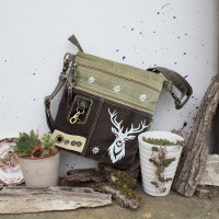 Domelo Umhängetasche. Canvas Trachtentasche mit Hirsch-Motiv, braun/ Khaki grün