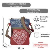 Domelo kleine Umhängetasche. Trachtentasche aus Upcycling Jeans & Canvas mit Herz-Motiv