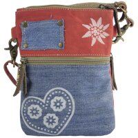 Domelo kleine Umhängetasche. Trachtentasche aus Upcycling Jeans & Canvas mit Herz-Motiv