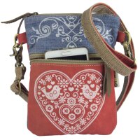 Domelo kleine Umhängetasche. Trachtentasche aus Upcycling Jeans & Canvas mit Herz-Motiv