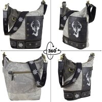 Domelo Canvas Hobo Trachtentasche mit Hirsch-Motiv. grau/schwarz