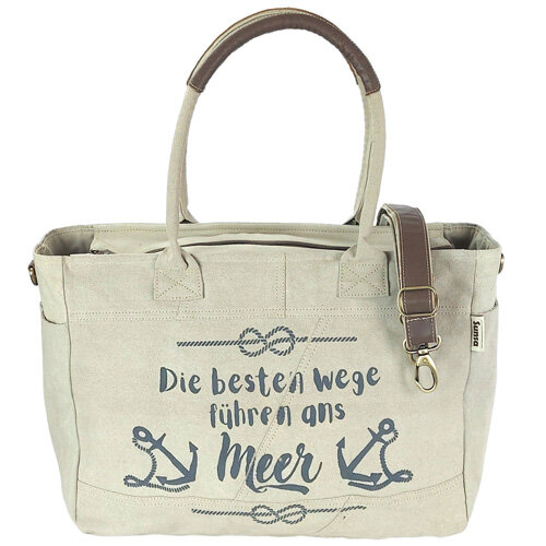 Sunsa Vintage XXL Tasche. Handtasche als Sporttasche oder als Badetasche. Shopper aus beigem Canvas mit maritimen Design