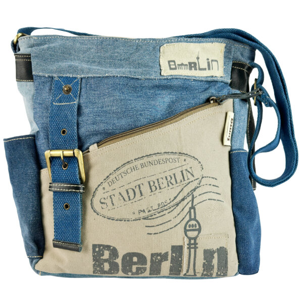 Sunsa Umhängetasche. Crossover Tasche aus Jeansstoff, Canvas & Leder. Große Schultertasche mit Berlin Design
