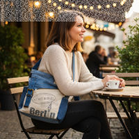 Sunsa Umhängetasche. Crossover Tasche aus Jeansstoff, Canvas & Leder. Große Schultertasche mit Berlin Design