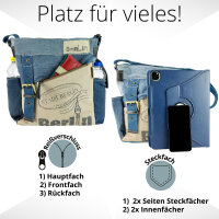 Sunsa Umhängetasche. Crossover Tasche aus recycelte Jeans Canvas & Leder. Große Schultertasche mit Berlin Design