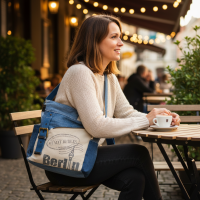 Sunsa Umhängetasche. Crossover Tasche aus recycelte Jeans Canvas & Leder. Große Schultertasche mit Berlin Design