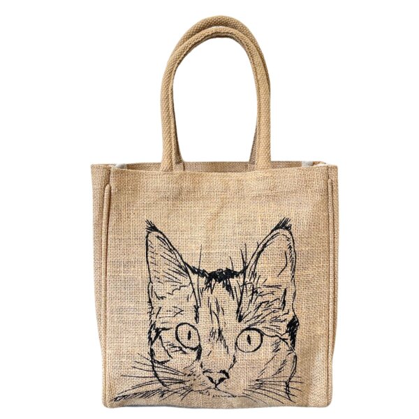 Domelo Jute Einkaufskorb, Vegane Einkaufstasche. Kleine Damenhandtasche mit Katze Motiv