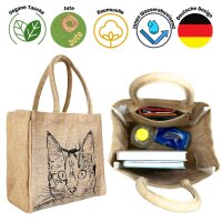 Domelo Jute Einkaufskorb, Vegane Einkaufstasche. Kleine Damenhandtasche mit Katze Motiv