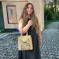Domelo Jute Einkaufskorb, Vegane Einkaufstasche. Kleine Damenhandtasche mit Katze Motiv