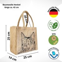 Domelo Jute Einkaufskorb, Vegane Einkaufstasche. Kleine Damenhandtasche mit Katze Motiv