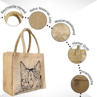 Domelo Jute Einkaufskorb, Vegane Einkaufstasche. Kleine Damenhandtasche mit Katze Motiv