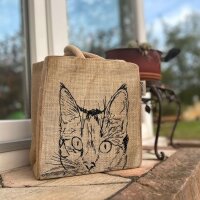 Domelo Jute Einkaufskorb, Vegane Einkaufstasche. Kleine Damenhandtasche mit Katze Motiv