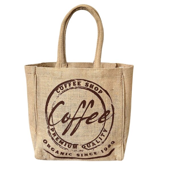Domelo Jute Einkaufskorb, Vegane Einkaufstasche. Kleine Damenhandtasche, Kaffee Motiv