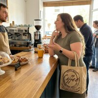 Domelo Jute Einkaufskorb, Vegane Einkaufstasche. Kleine Damen Handtasche, Kaffee Motiv