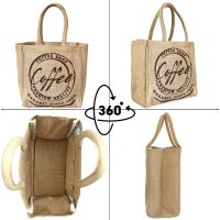 Domelo Jute Einkaufskorb, Vegane Einkaufstasche. Kleine Damenhandtasche, Kaffee Motiv