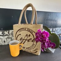 Domelo Jute Einkaufskorb, Vegane Einkaufstasche. Kleine Damenhandtasche, Kaffee Motiv