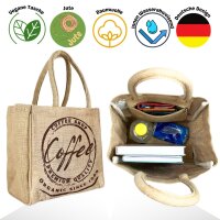 Domelo Jute Einkaufskorb, Vegane Einkaufstasche. Kleine Damenhandtasche, Kaffee Motiv
