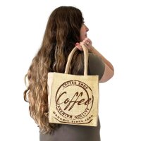 Domelo Jute Einkaufskorb, Vegane Einkaufstasche. Kleine Damenhandtasche, Kaffee Motiv