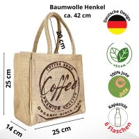 Domelo Jute Einkaufskorb, Vegane Einkaufstasche. Kleine Damenhandtasche, Kaffee Motiv