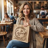 Domelo Jute Einkaufskorb, Vegane Einkaufstasche. Kleine Damenhandtasche, Kaffee Motiv