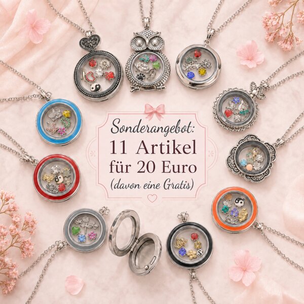 Set aus 11 Halsketten mit Glasmedaillon und Füllung von 7 Charms-Mix